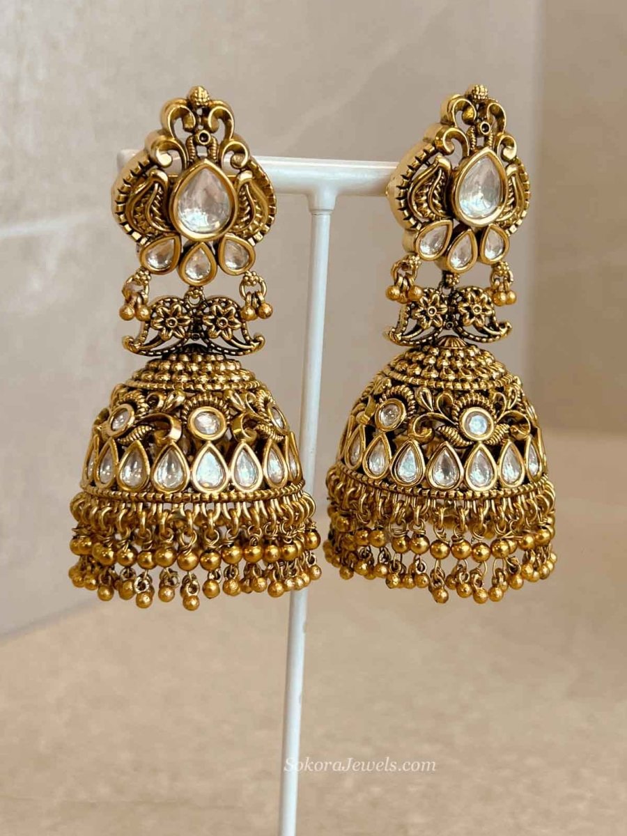 Large Gold Plated Kundan & Gold Ball Jhumka Earrings - SOKORA JEWELSLarge Gold Plated Kundan & Gold Ball Jhumka Earrings