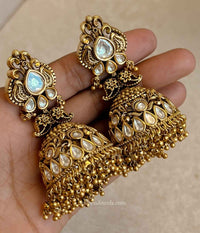 Large Gold Plated Kundan & Gold Ball Jhumka Earrings - SOKORA JEWELSLarge Gold Plated Kundan & Gold Ball Jhumka Earrings