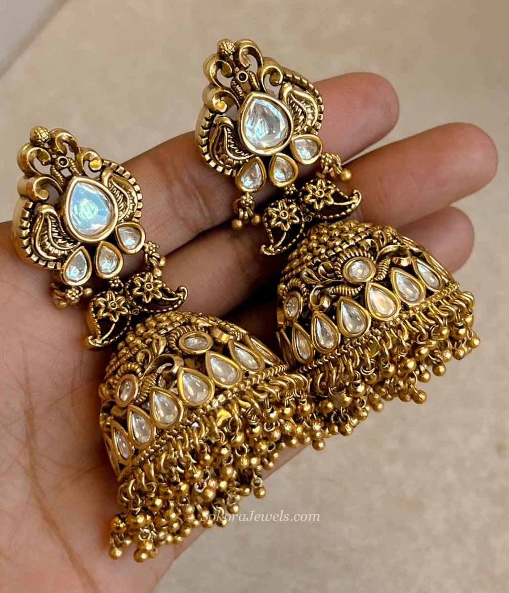 Large Gold Plated Kundan & Gold Ball Jhumka Earrings - SOKORA JEWELSLarge Gold Plated Kundan & Gold Ball Jhumka Earrings