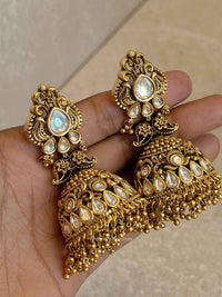 Large Gold Plated Kundan & Gold Ball Jhumka Earrings - SOKORA JEWELSLarge Gold Plated Kundan & Gold Ball Jhumka Earrings