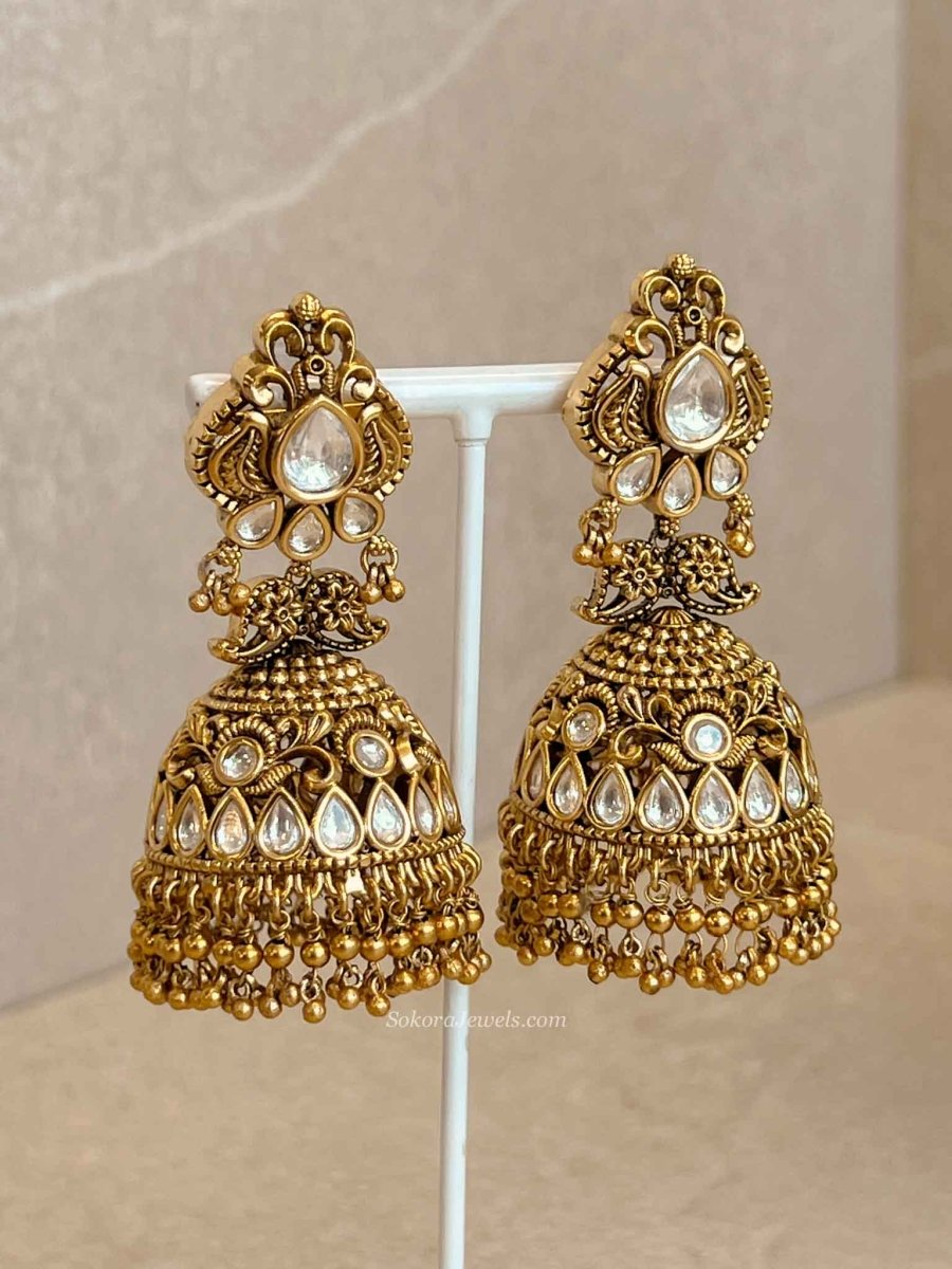 Large Gold Plated Kundan & Gold Ball Jhumka Earrings - SOKORA JEWELSLarge Gold Plated Kundan & Gold Ball Jhumka Earrings