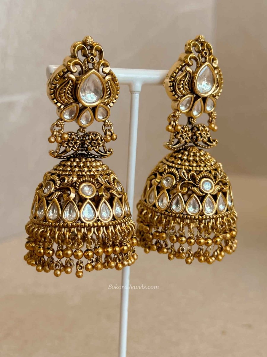 Large Gold Plated Kundan & Gold Ball Jhumka Earrings - SOKORA JEWELSLarge Gold Plated Kundan & Gold Ball Jhumka Earrings