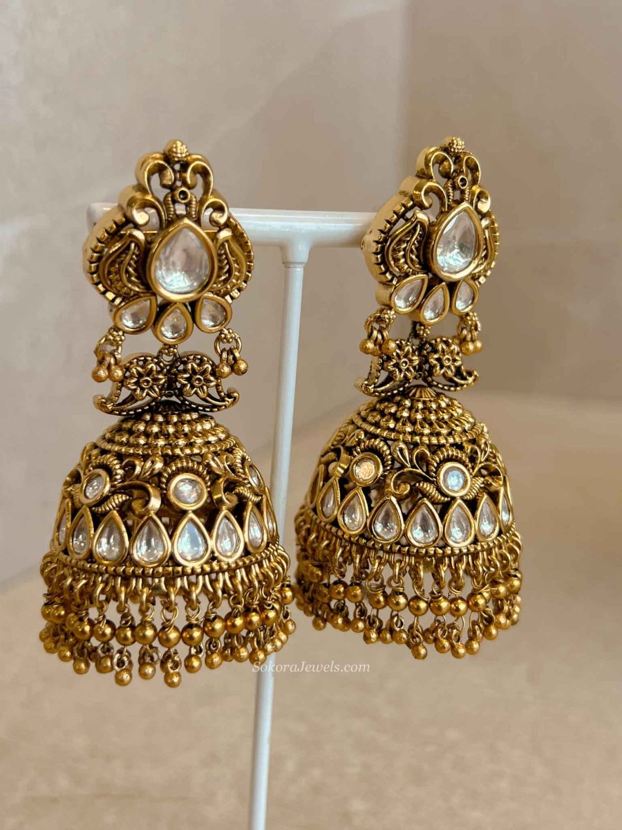 Large Gold Plated Kundan & Gold Ball Jhumka Earrings - SOKORA JEWELSLarge Gold Plated Kundan & Gold Ball Jhumka Earrings