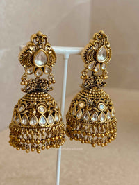 Large Gold Plated Kundan & Gold Ball Jhumka Earrings - SOKORA JEWELSLarge Gold Plated Kundan & Gold Ball Jhumka Earrings