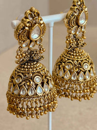 Large Gold Plated Kundan & Gold Ball Jhumka Earrings - SOKORA JEWELSLarge Gold Plated Kundan & Gold Ball Jhumka Earrings