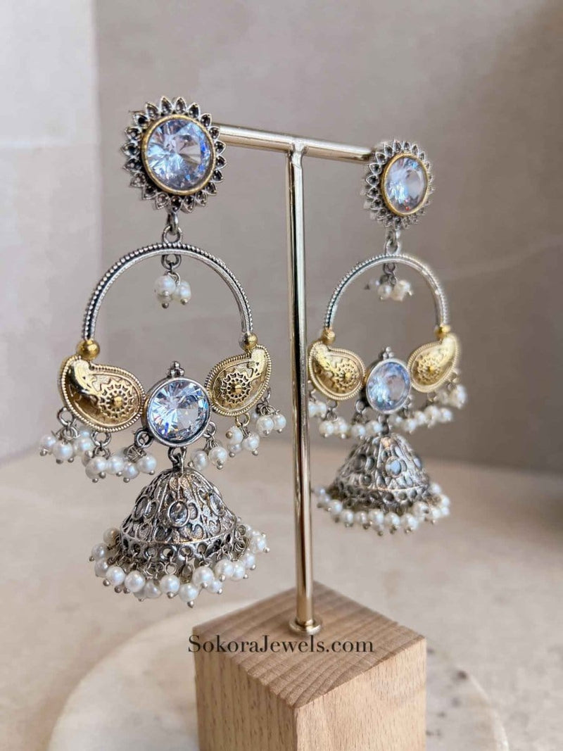 Large Gold & Silver Tribal Jhumkas - SOKORA JEWELSLarge Gold & Silver Tribal Jhumkas