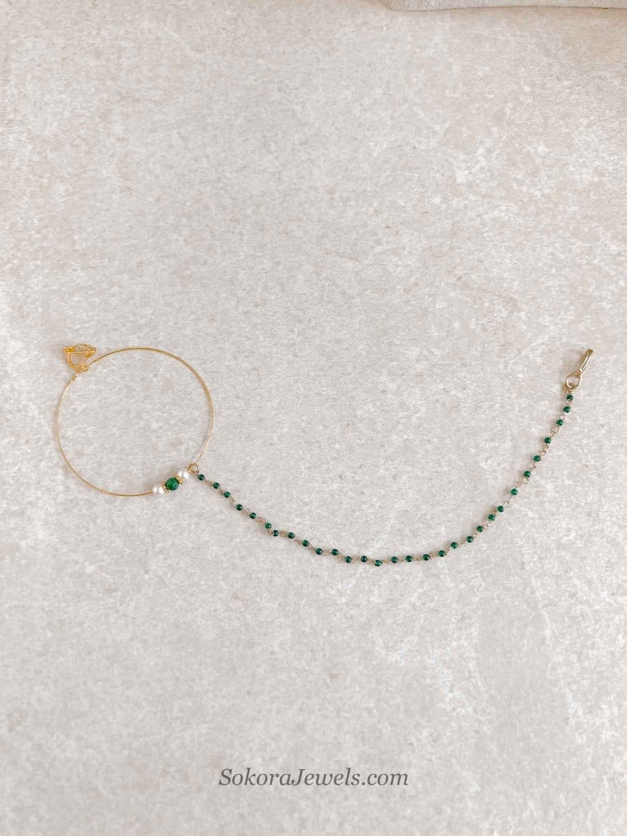 Large Green Beaded Bridal Nose Ring (Nath) with Chain - SOKORA JEWELSLarge Green Beaded Bridal Nose Ring (Nath) with Chainnose rings