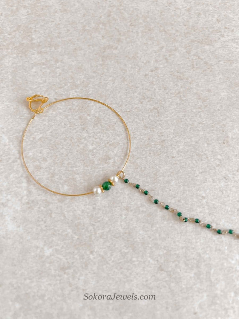Large Green Beaded Bridal Nose Ring (Nath) with Chain - SOKORA JEWELSLarge Green Beaded Bridal Nose Ring (Nath) with Chainnose rings