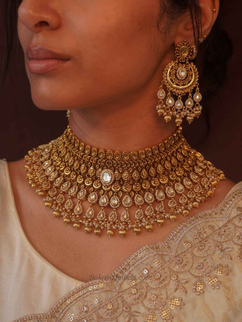 Large Kundan Bridal Choker Set - Gold - SOKORA JEWELSLarge Kundan Bridal Choker Set - Gold
