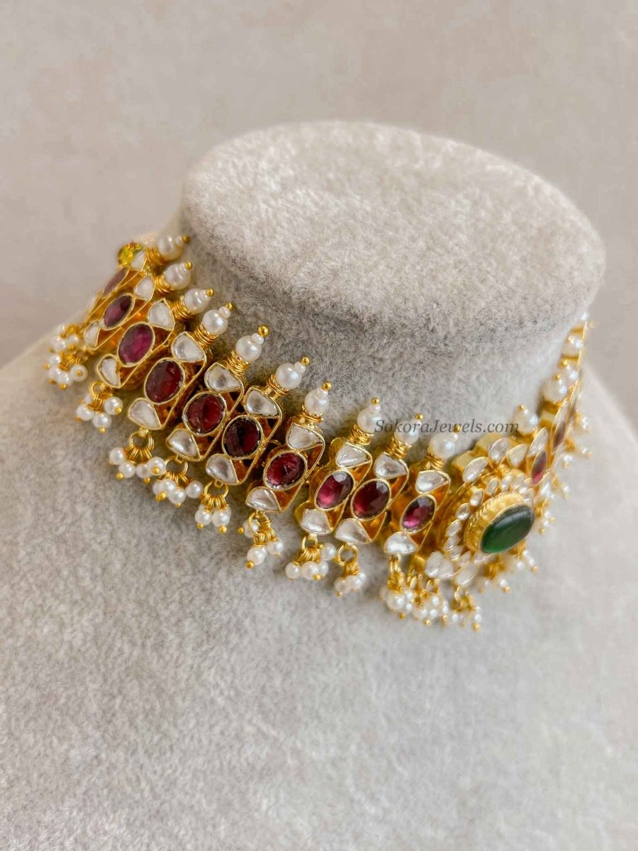 Large Kundan Multigem Double Bridal Set - SOKORA JEWELSLarge Kundan Multigem Double Bridal Set