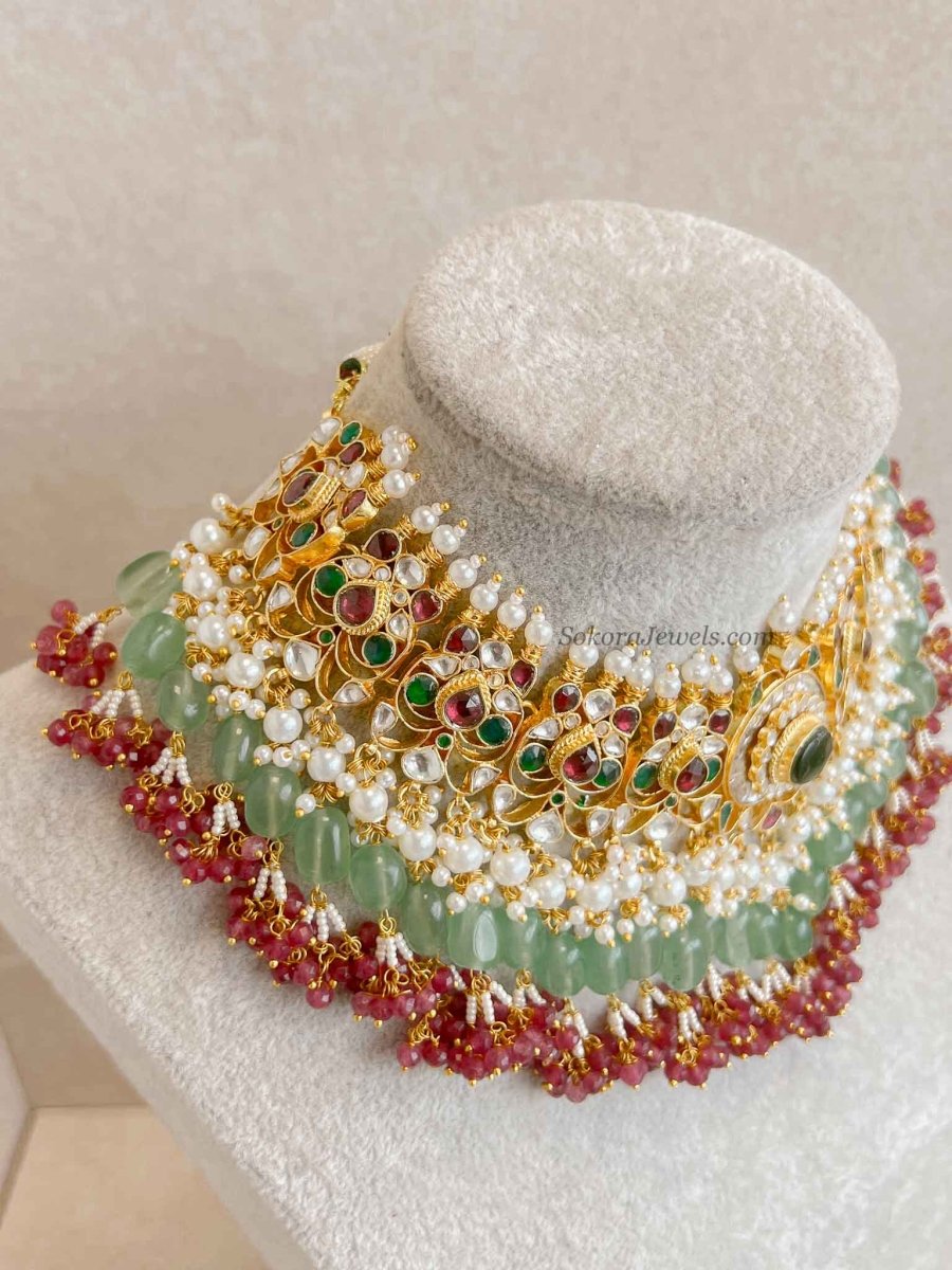 Large Kundan Multigem Double Bridal Set - SOKORA JEWELSLarge Kundan Multigem Double Bridal Set