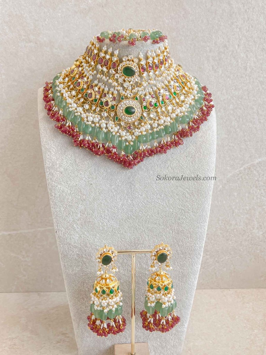Large Kundan Multigem Double Bridal Set - SOKORA JEWELSLarge Kundan Multigem Double Bridal Set
