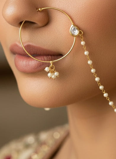 Large Kundan Nose Ring in Bright Gold - Slide Type - SOKORA JEWELSLarge Kundan Nose Ring in Bright Gold - Slide Type