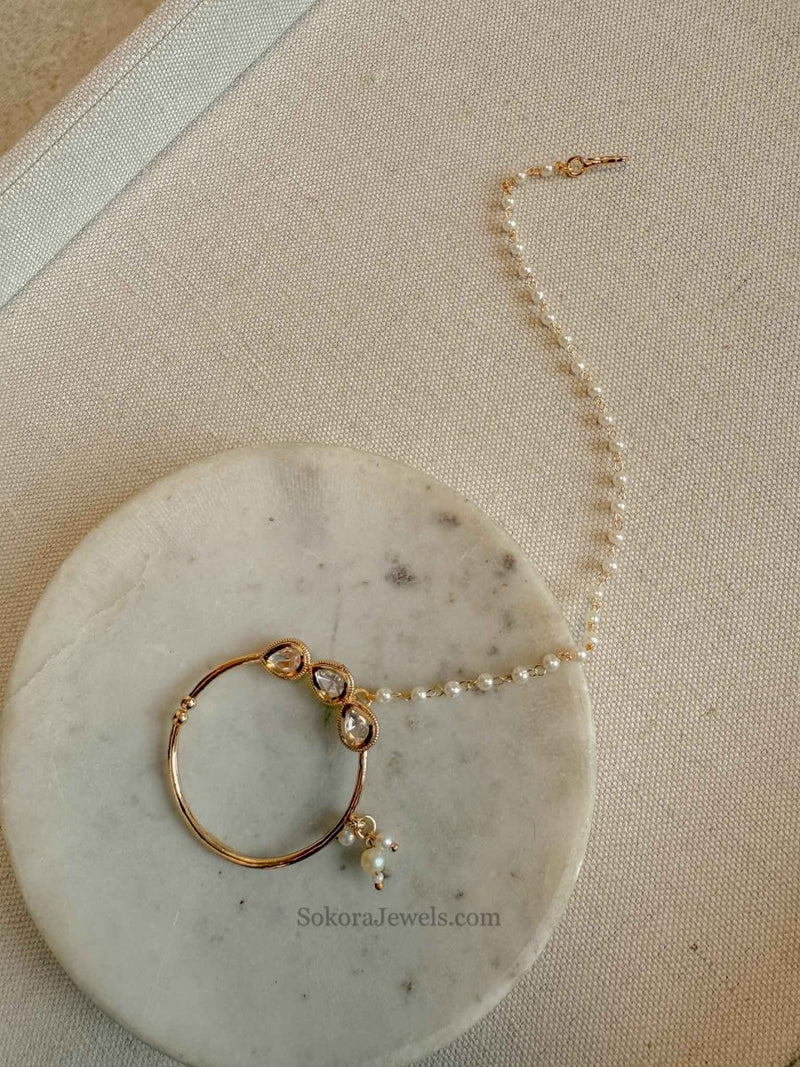 Large Kundan Nose Ring in Bright Gold - Slide Type - SOKORA JEWELSLarge Kundan Nose Ring in Bright Gold - Slide Type