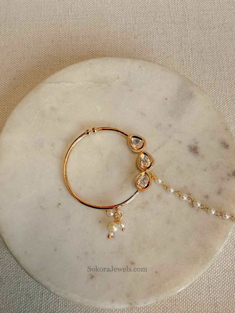 Large Kundan Nose Ring in Bright Gold - Slide Type - SOKORA JEWELSLarge Kundan Nose Ring in Bright Gold - Slide Type