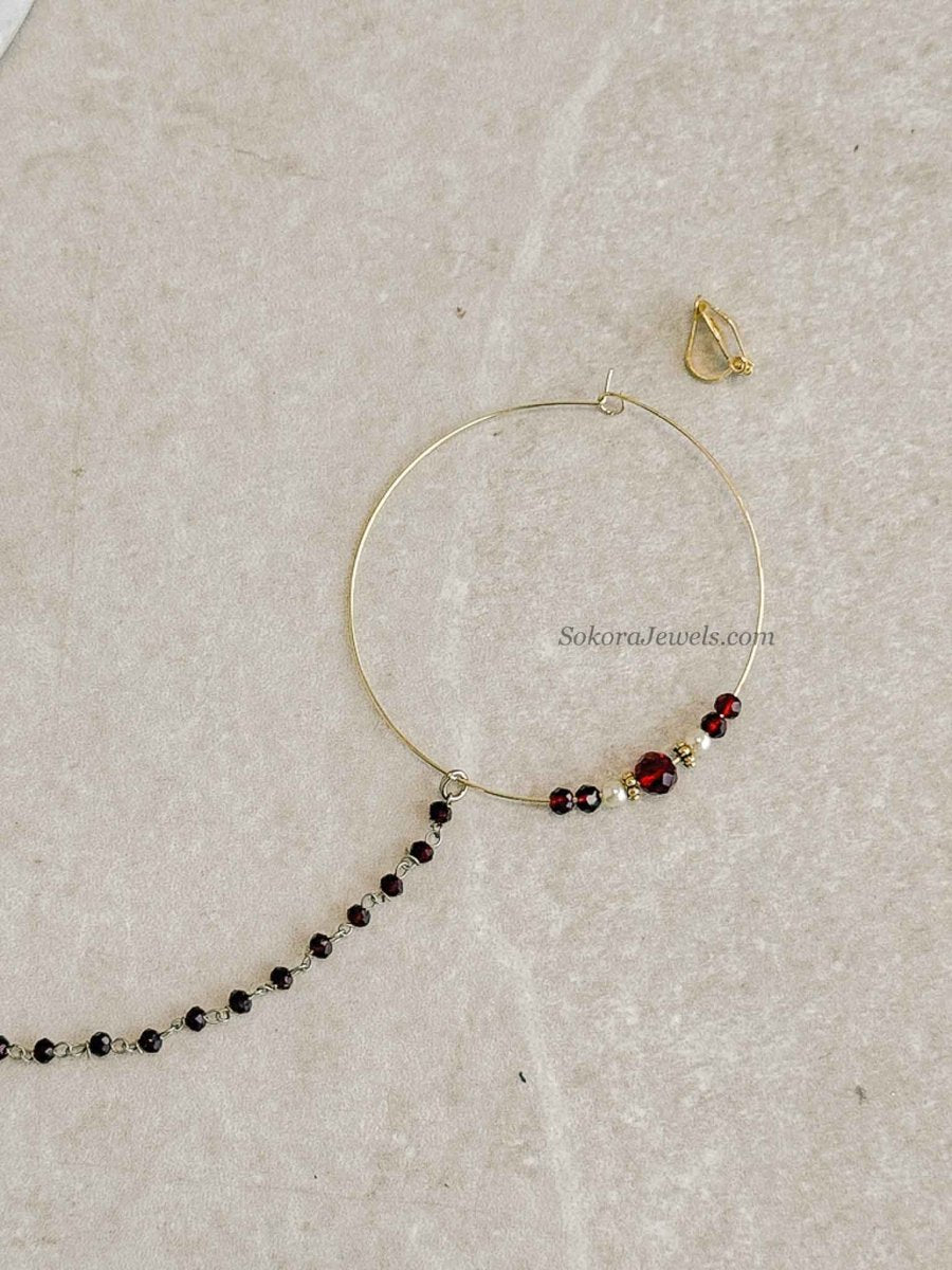 Large Maroon Beaded Bridal Nose Ring (Nath) with Chain - SOKORA JEWELSLarge Maroon Beaded Bridal Nose Ring (Nath) with Chainnose rings
