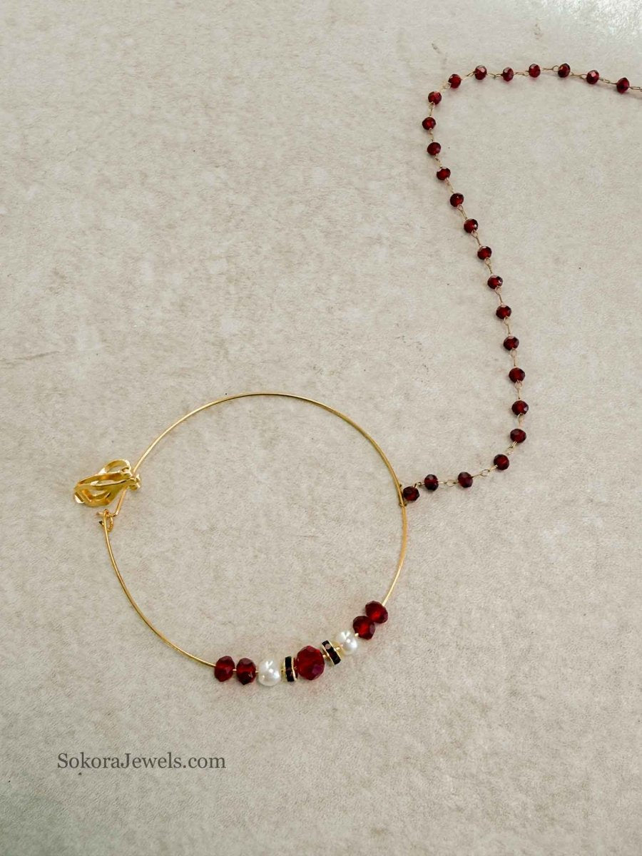 Large Maroon Beaded Bridal Nose Ring (Nath) with Chain - SOKORA JEWELSLarge Maroon Beaded Bridal Nose Ring (Nath) with Chainnose rings