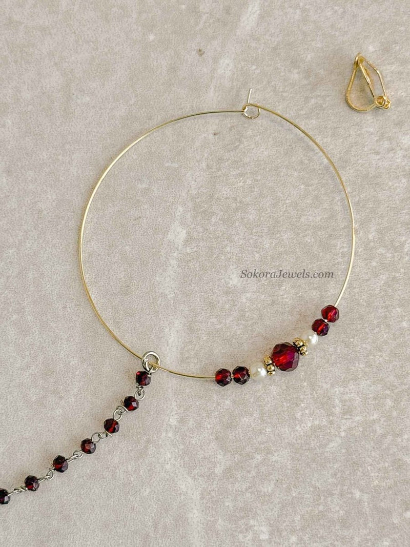 Large Maroon Beaded Bridal Nose Ring (Nath) with Chain - SOKORA JEWELSLarge Maroon Beaded Bridal Nose Ring (Nath) with Chainnose rings