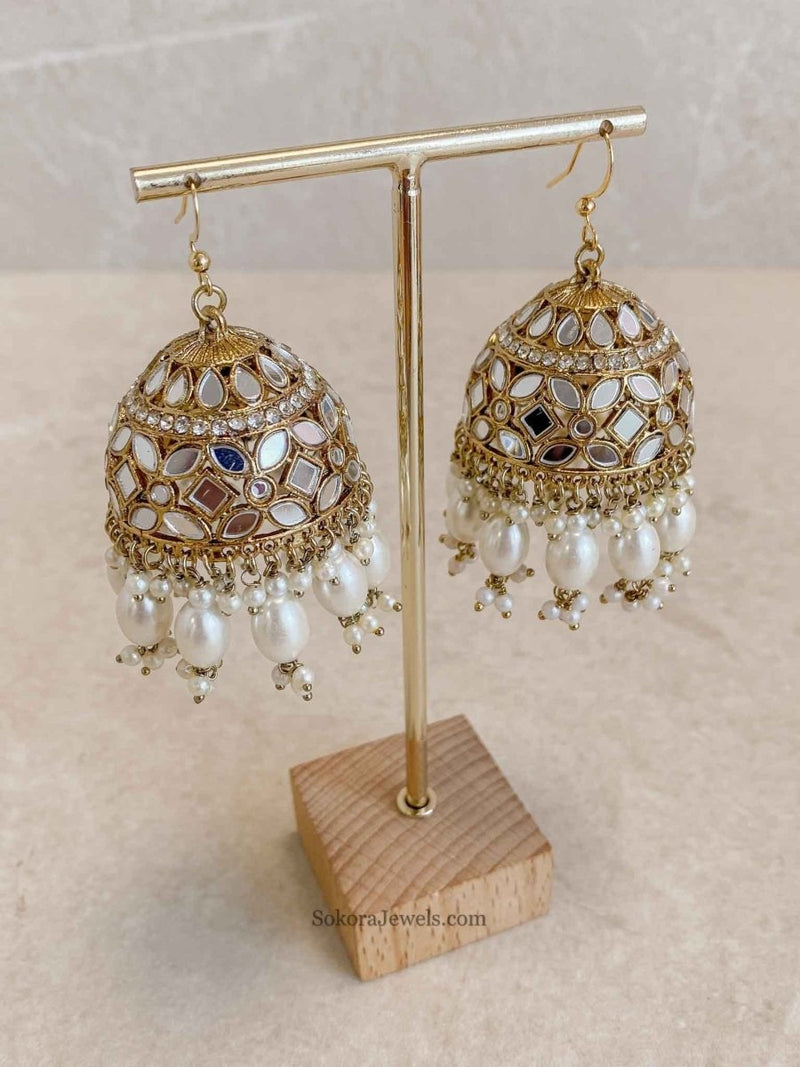 Large Mirrored Jhumka Earrings - SOKORA JEWELSLarge Mirrored Jhumka Earrings