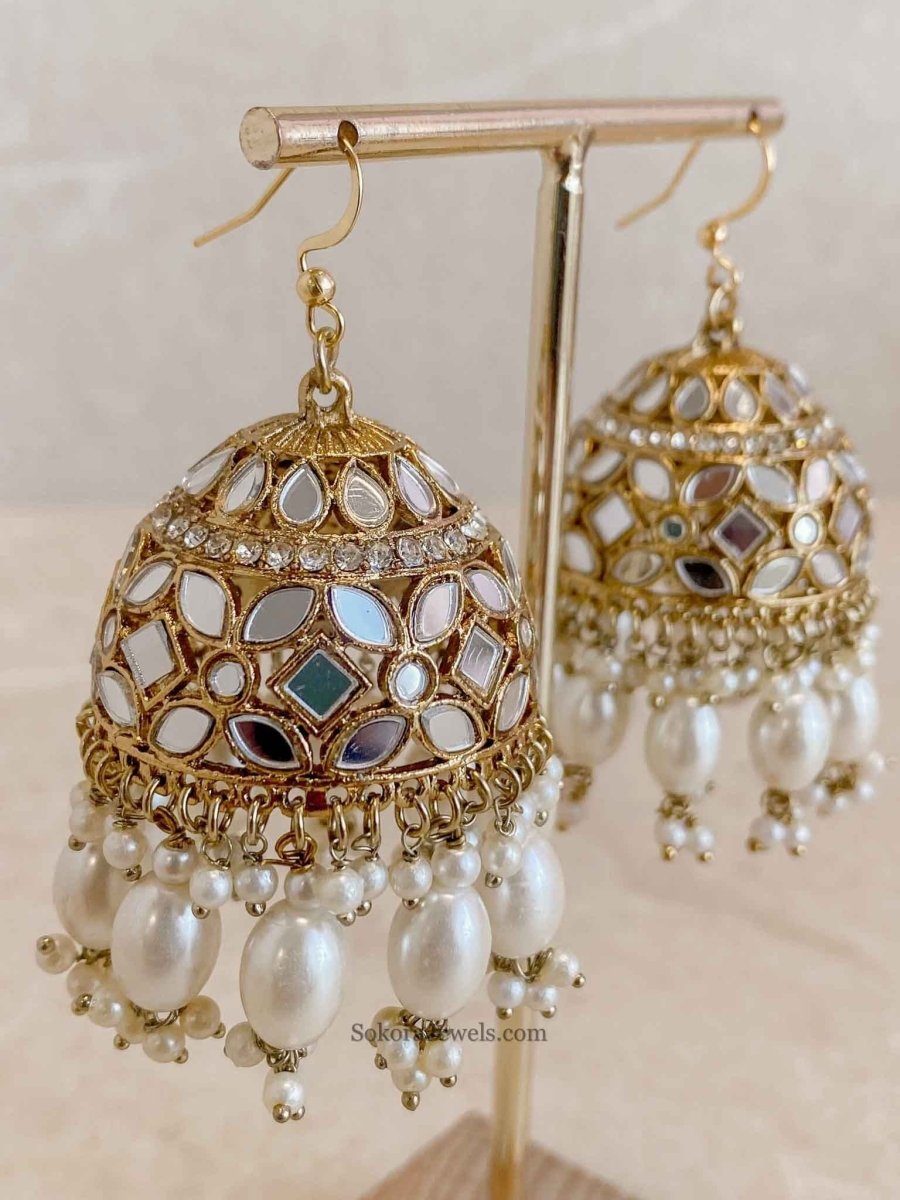 Large Mirrored Jhumka Earrings - SOKORA JEWELSLarge Mirrored Jhumka Earrings