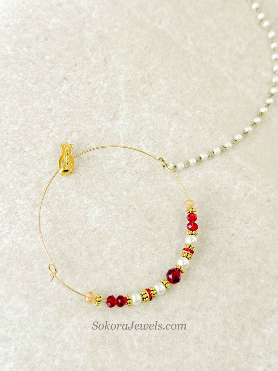 Large Red & Pearl Beaded Bridal Nose Ring (Nath) with Chain - SOKORA JEWELSLarge Red & Pearl Beaded Bridal Nose Ring (Nath) with Chainnose rings