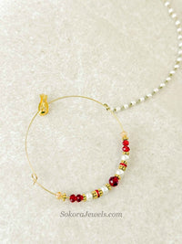 Large Red & Pearl Beaded Bridal Nose Ring (Nath) with Chain - SOKORA JEWELSLarge Red & Pearl Beaded Bridal Nose Ring (Nath) with Chainnose rings