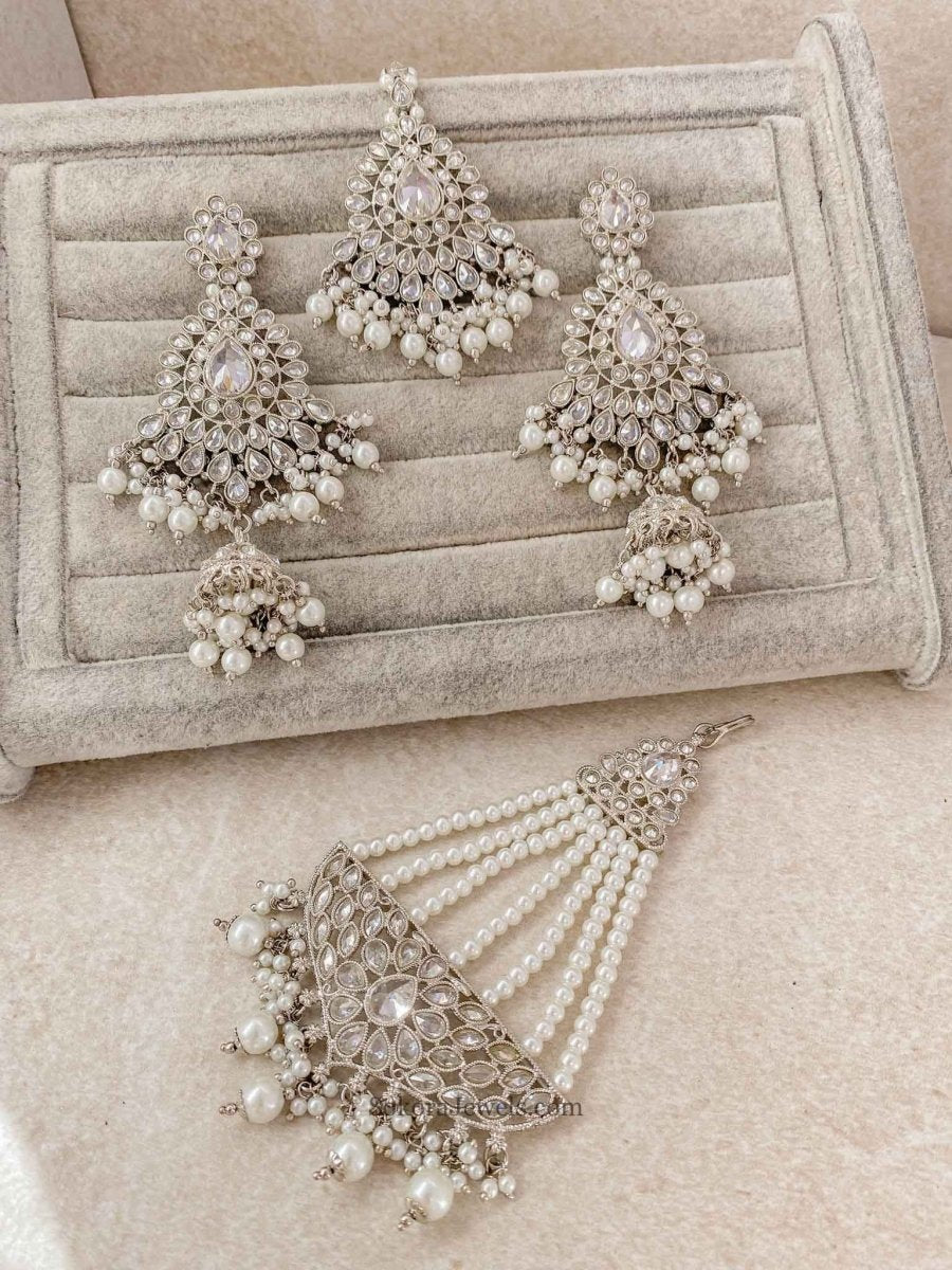 Large Silver Earring & Tikka Set - Silver - SOKORA JEWELSLarge Silver Earring & Tikka Set - Silver