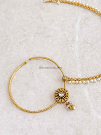 Large Statement Kundan Pearl Bridal Nath with Chain - SOKORA JEWELSLarge Statement Kundan Pearl Bridal Nath with Chain