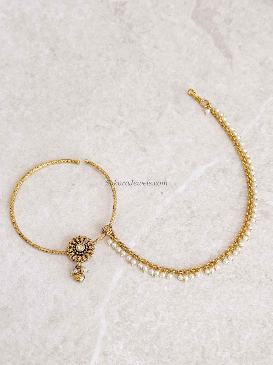 Large Statement Kundan Pearl Bridal Nath with Chain - SOKORA JEWELSLarge Statement Kundan Pearl Bridal Nath with Chain