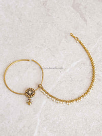 Large Statement Kundan Pearl Bridal Nath with Chain - SOKORA JEWELSLarge Statement Kundan Pearl Bridal Nath with Chain