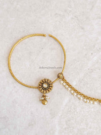 Large Statement Kundan Pearl Bridal Nath with Chain - SOKORA JEWELSLarge Statement Kundan Pearl Bridal Nath with Chain