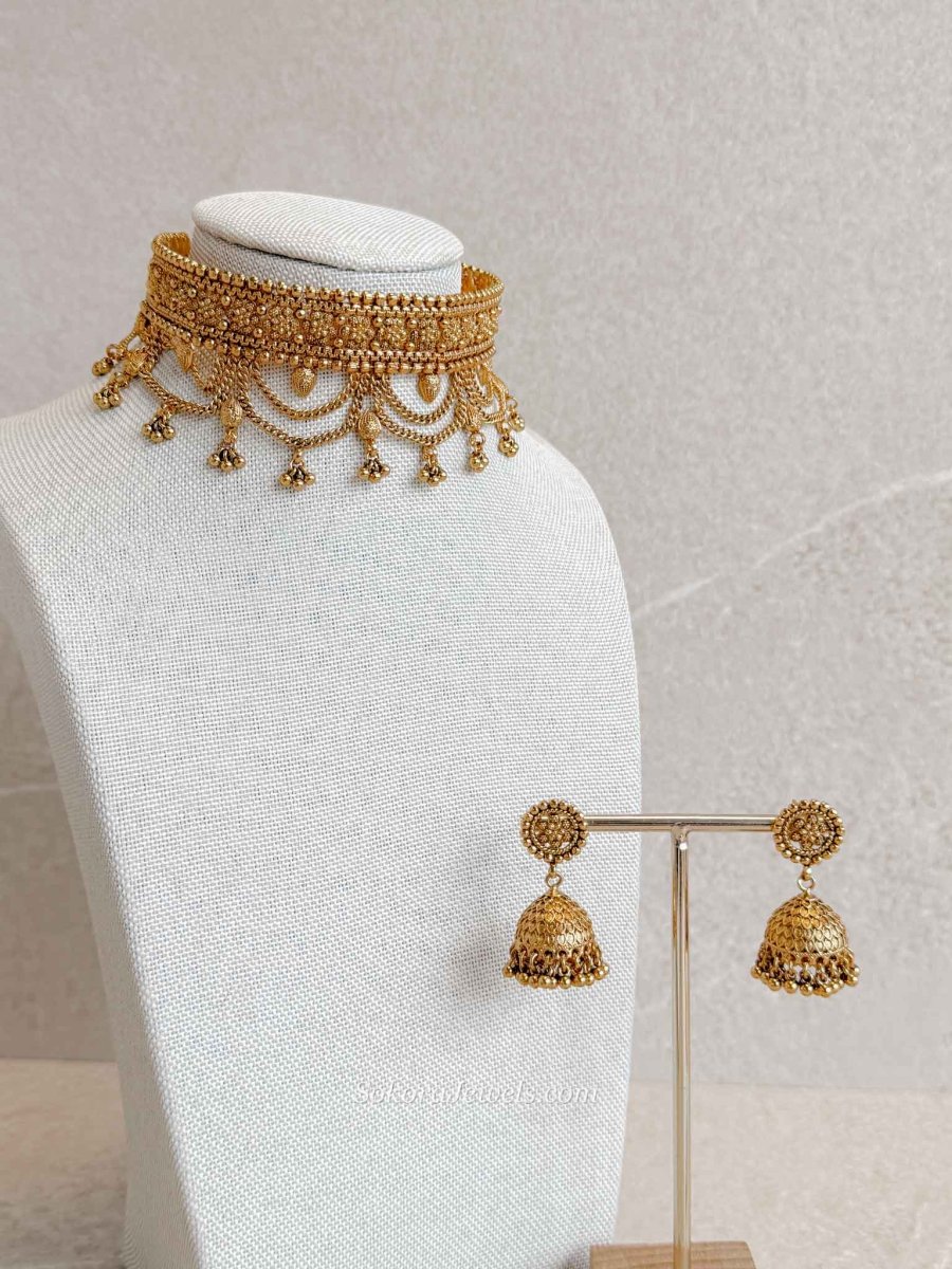 Layered Temple Choker Set with Jhumka Earrings - SOKORA JEWELSLayered Temple Choker Set with Jhumka EarringsNECKLACE SETS
