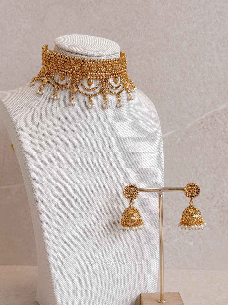 Layered Temple Choker Set with Jhumka Earrings - SOKORA JEWELSLayered Temple Choker Set with Jhumka EarringsNECKLACE SETS
