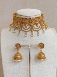 Layered Temple Choker Set with Jhumka Earrings - SOKORA JEWELSLayered Temple Choker Set with Jhumka EarringsNECKLACE SETS