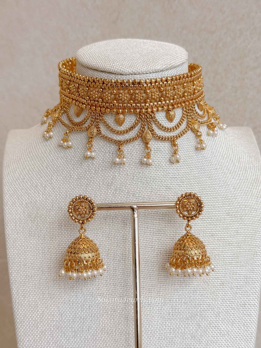 Layered Temple Choker Set with Jhumka Earrings - SOKORA JEWELSLayered Temple Choker Set with Jhumka EarringsNECKLACE SETS