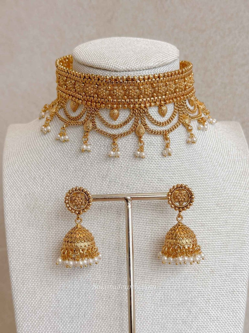 Layered Temple Choker Set with Jhumka Earrings - SOKORA JEWELSLayered Temple Choker Set with Jhumka EarringsNECKLACE SETS