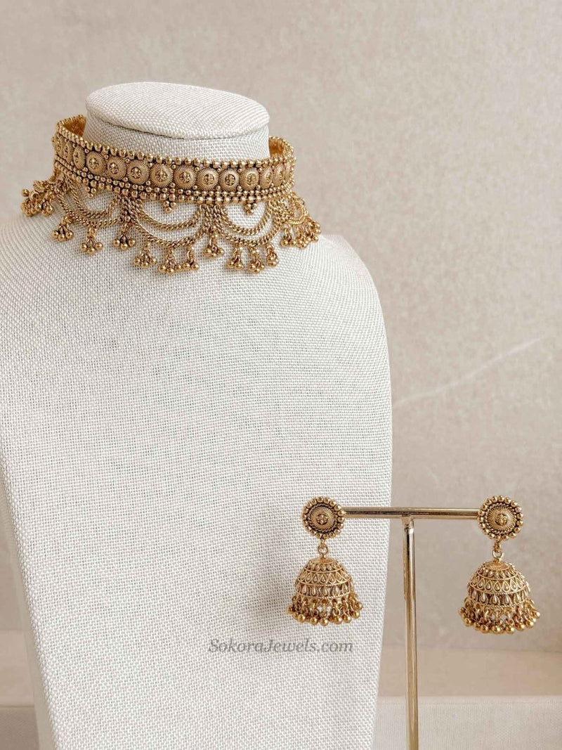 Layered Temple Choker Set with Jhumka Earrings - SOKORA JEWELSLayered Temple Choker Set with Jhumka EarringsNECKLACE SETS