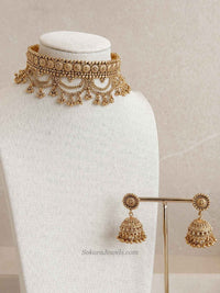 Layered Temple Choker Set with Jhumka Earrings - SOKORA JEWELSLayered Temple Choker Set with Jhumka EarringsNECKLACE SETS