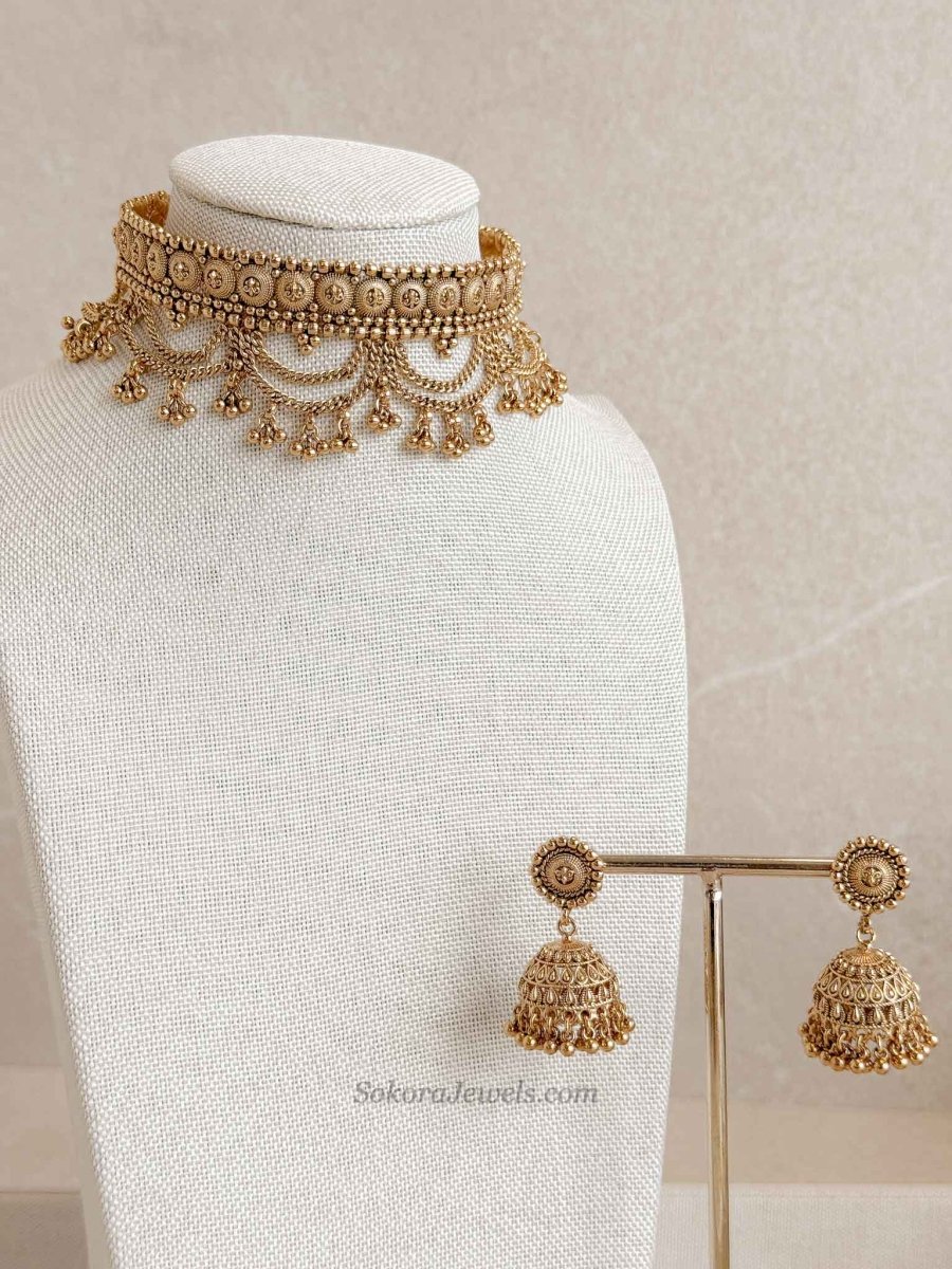 Layered Temple Choker Set with Jhumka Earrings - SOKORA JEWELSLayered Temple Choker Set with Jhumka EarringsNECKLACE SETS