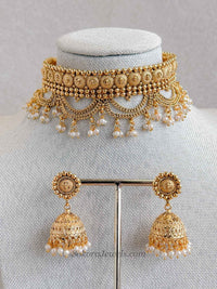 Layered Temple Pearl Bead Choker Set with Jhumka Earrings - SOKORA JEWELSLayered Temple Pearl Bead Choker Set with Jhumka EarringsNECKLACE SETS
