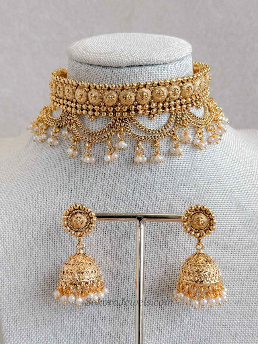 Layered Temple Pearl Bead Choker Set with Jhumka Earrings - SOKORA JEWELSLayered Temple Pearl Bead Choker Set with Jhumka EarringsNECKLACE SETS
