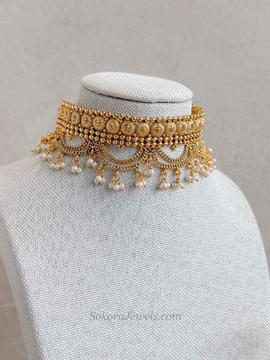 Layered Temple Pearl Bead Choker Set with Jhumka Earrings - SOKORA JEWELSLayered Temple Pearl Bead Choker Set with Jhumka EarringsNECKLACE SETS