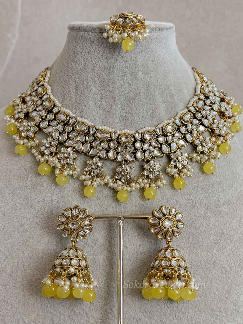 Lemon Yellow & Faux Kundan Set - SOKORA JEWELSLemon Yellow & Faux Kundan Set