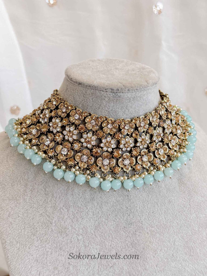 Light Blue Floral Choker Necklace - SOKORA JEWELSLight Blue Floral Choker NecklaceChoker Sets