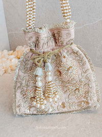 Light Peach and Floral embroidery Potli - SOKORA JEWELSLight Peach and Floral embroidery Potli