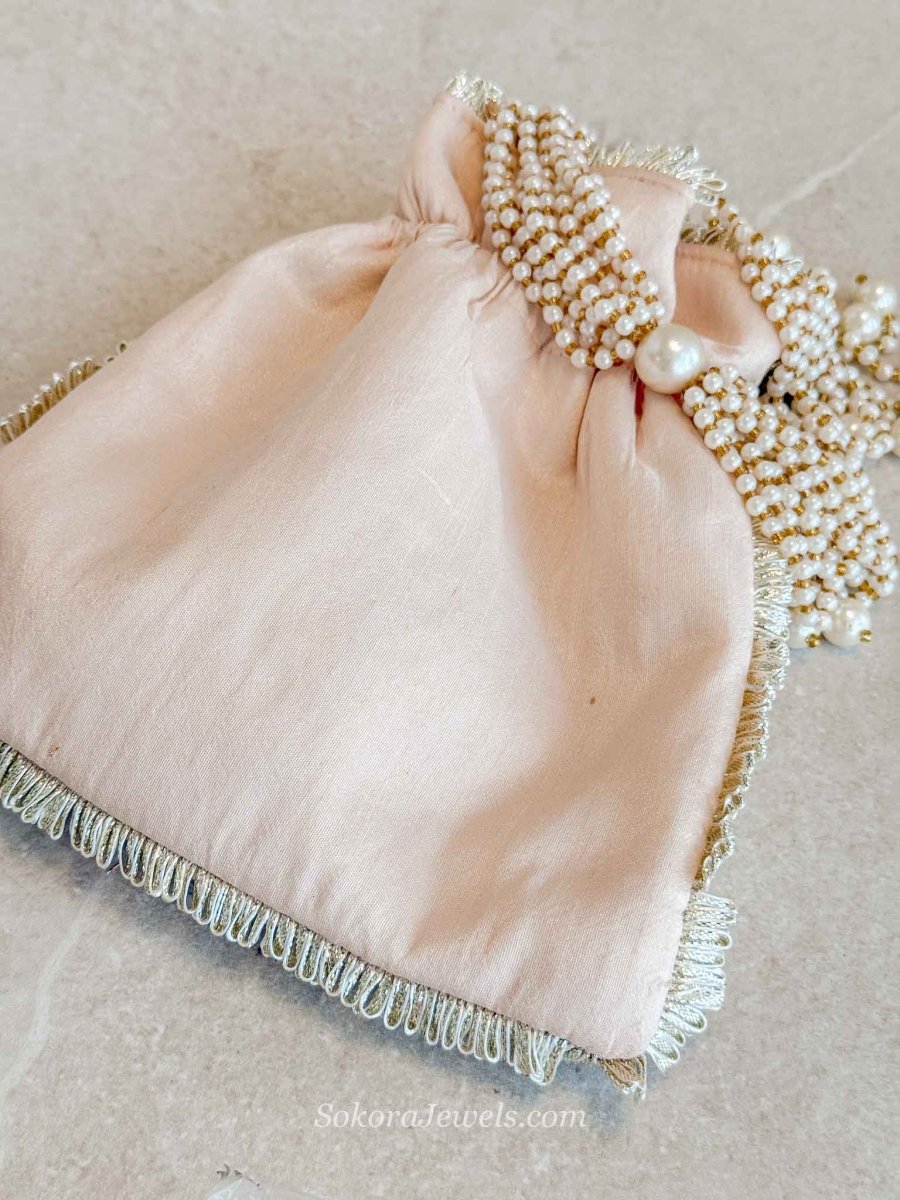 Light Peach and Floral embroidery Potli - SOKORA JEWELSLight Peach and Floral embroidery Potli