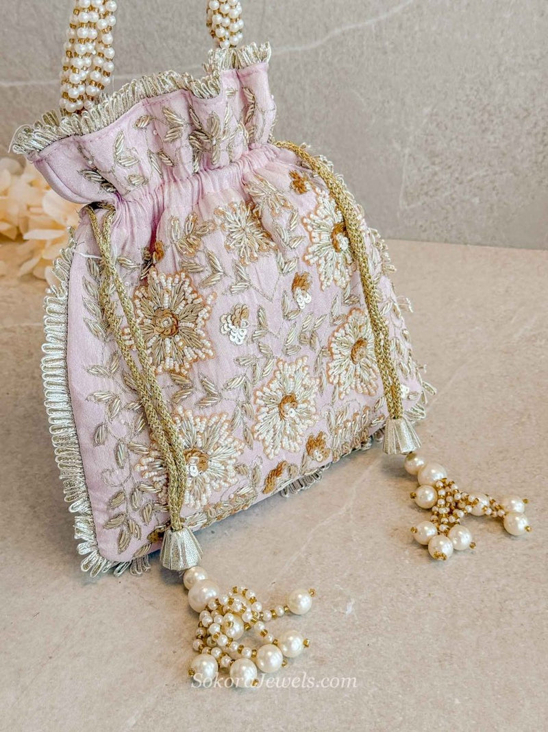 Light Pink and Floral embroidery Potli - SOKORA JEWELSLight Pink and Floral embroidery Potli