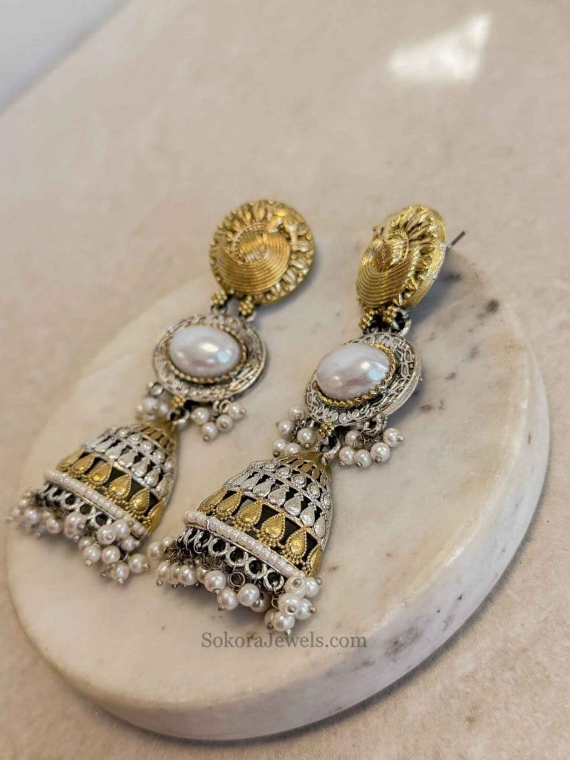 Long Gold & Silver Tribal Jhumkas - SOKORA JEWELSLong Gold & Silver Tribal Jhumkas