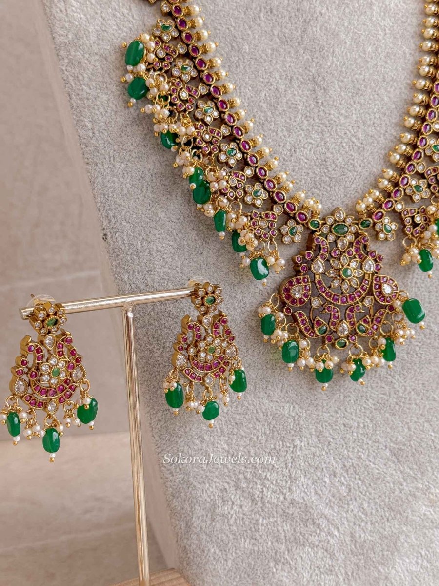 Long Guttapusalu Haram Necklace Set with Green Beads - SOKORA JEWELSLong Guttapusalu Haram Necklace Set with Green Beads