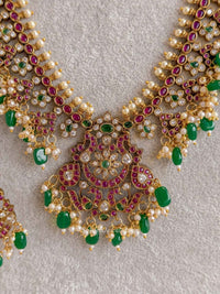 Long Guttapusalu Haram Necklace Set with Green Beads - SOKORA JEWELSLong Guttapusalu Haram Necklace Set with Green Beads